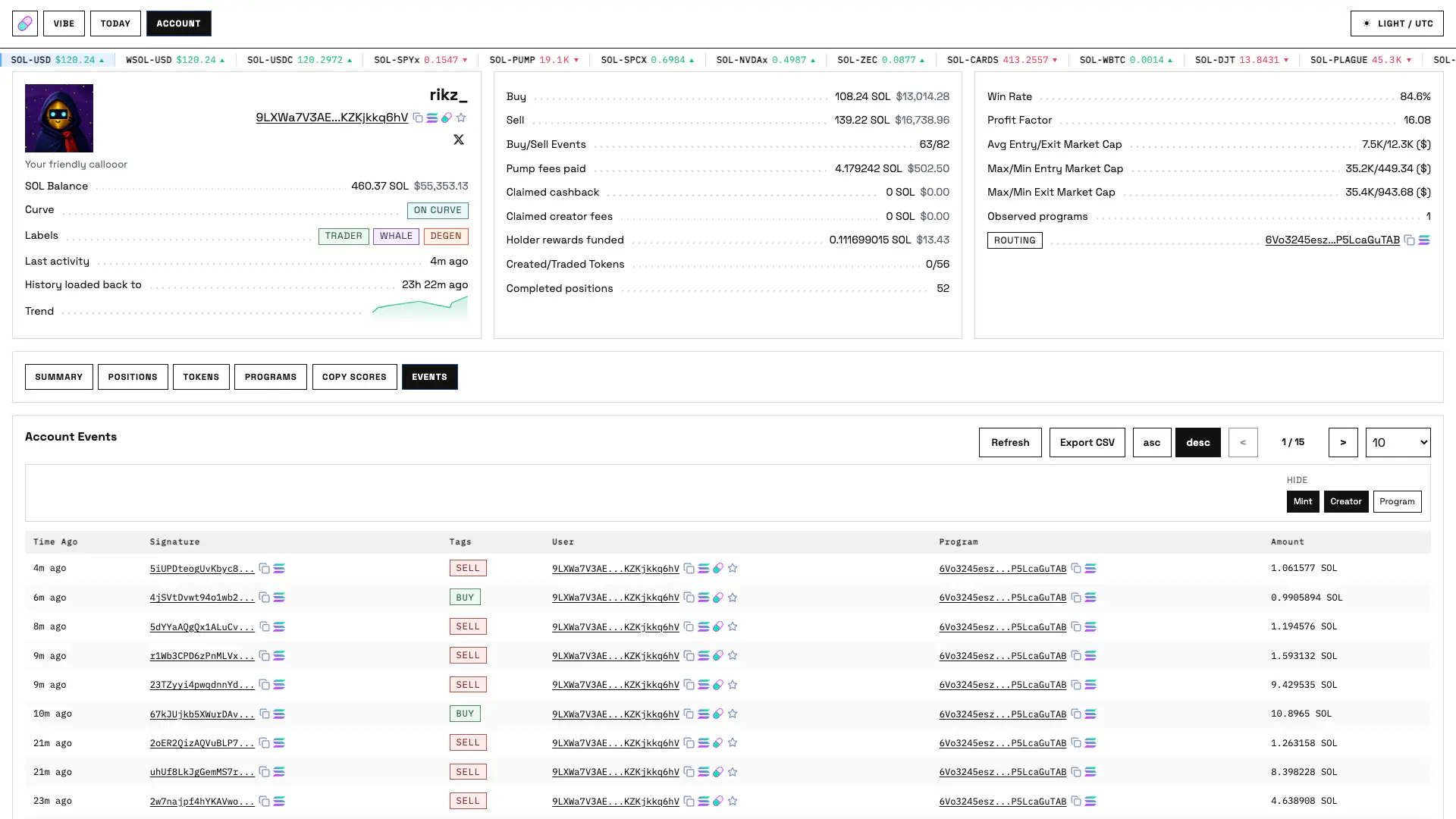 Account Events workspace with export, ordering, pagination and event evidence