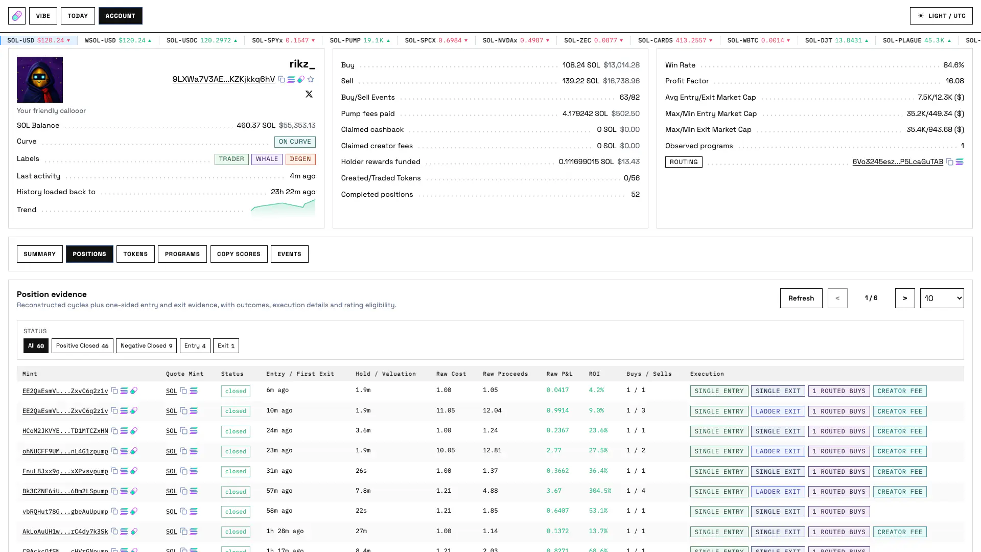 Account Positions page with outcome filters and reconstructed position rows