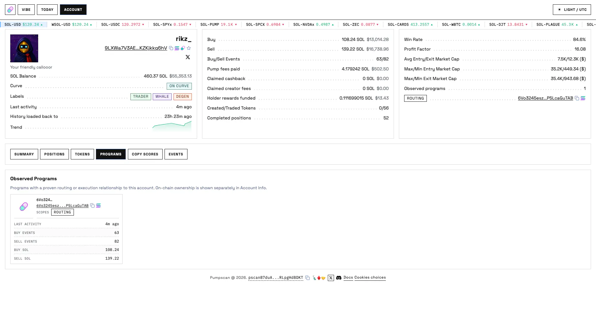 Production Account Programs page with a routed program row, side counts and SOL flow