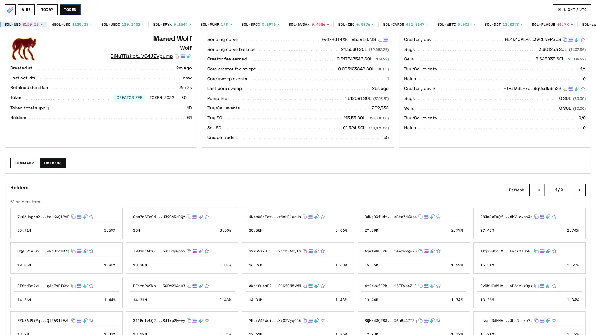 Token Holders page with wallet balances and percentage of supply